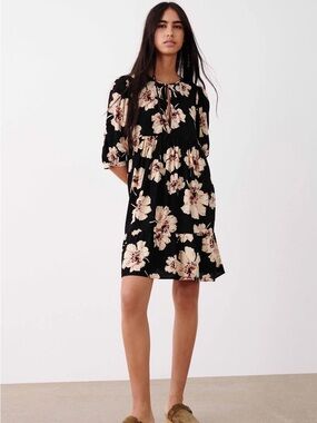 ba&sh Black Midi Dress with Cream Floral Print